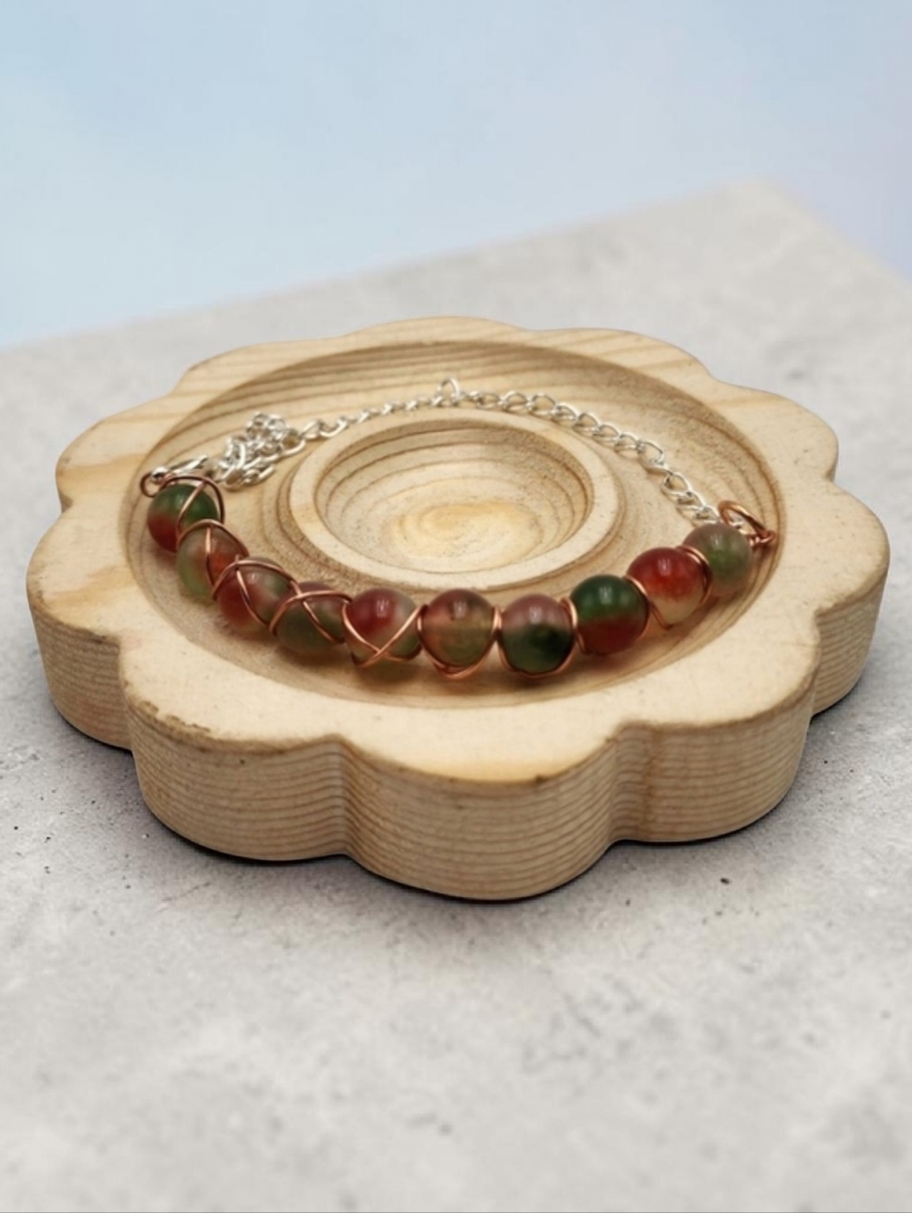 Handmade Wire-Wrapped Adjustable Red & Green Bead Bracelet